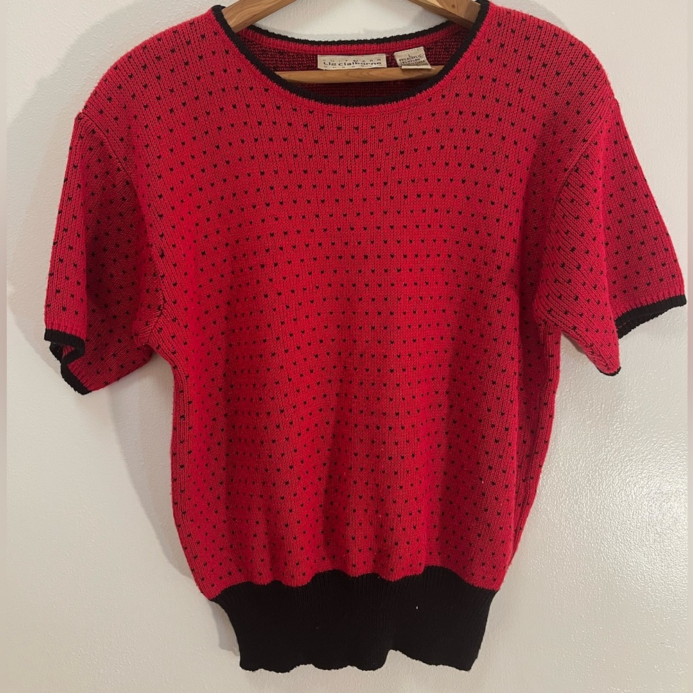 Vintage Liz Claiborne Knit Heart Black and Vibrant Red Short Sleeve Sweater
